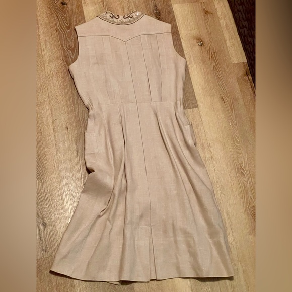 Vintage 1940’s 50s rhinestone beads linen dress pleats buttons Medium M 28”w VLV - Picture 3 of 12